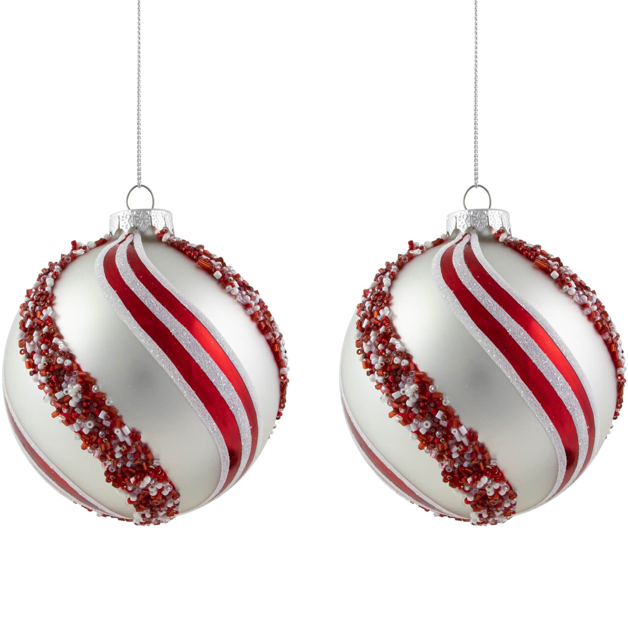 Northlight Peppermint Swirl Beaded Christmas Glass Ball Ornaments - 4" - White and Red - Set of 2